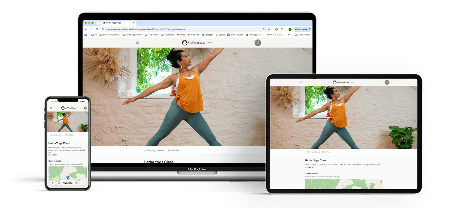 A My Yoga Class class page shown on a laptop, tablet and phone